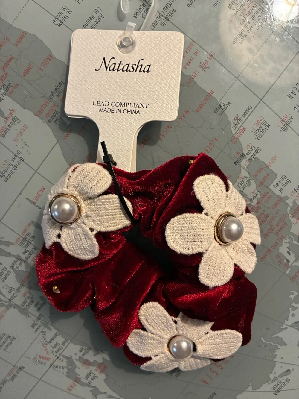 Natasha Couture Burgundy Velvet Scrunchie with Cream Floral Pearls